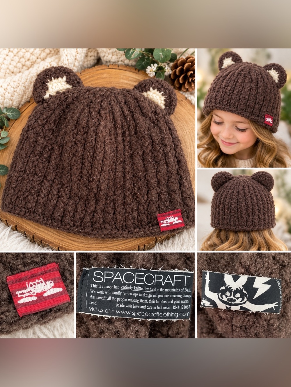 SPACECRAFT Hand Made In Bali. Kids' Brown Knit Bear-Ear Magic Hat $45
